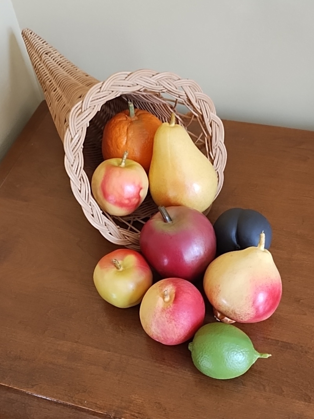 Vintage Wicker Cornucopia Basket Fall Thanksgiving Decor with Faux Fruit Lot